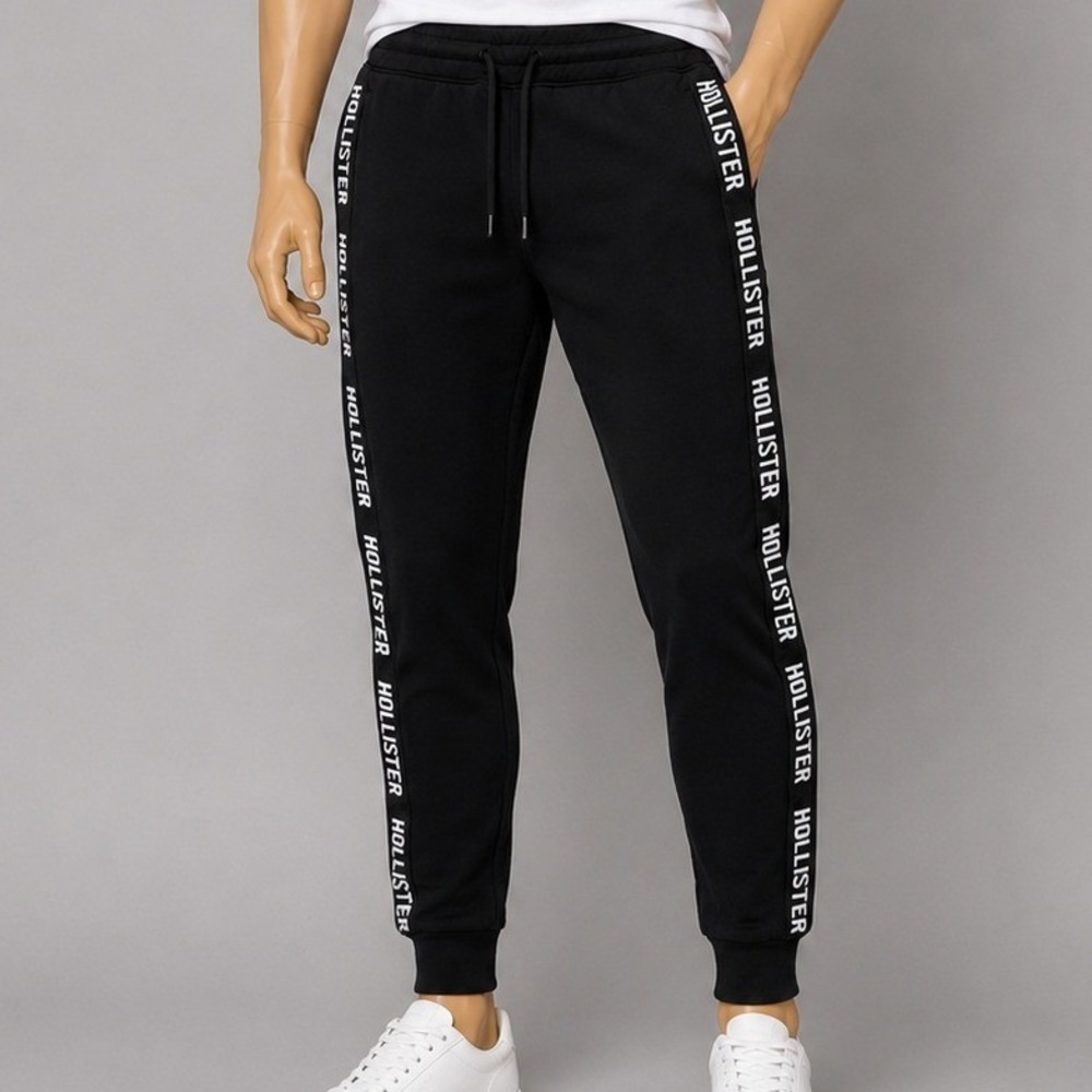 Hollister Mens Joggers Black Logo Side Tape Drawstring Sweatpants S